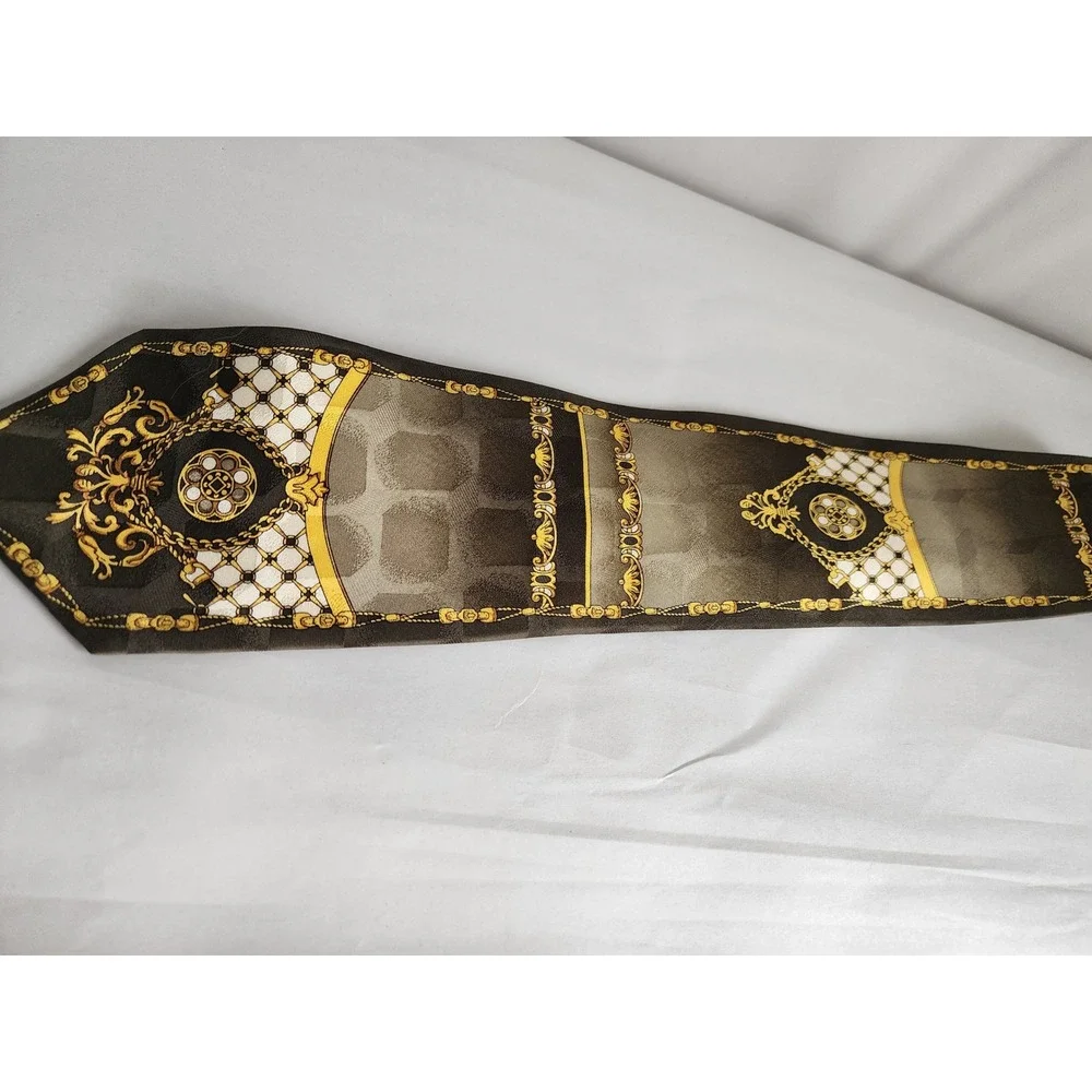 Daniel Ellissa Mens Silk Tie Baroque Chain Medallion Olive Green Gold Ornate